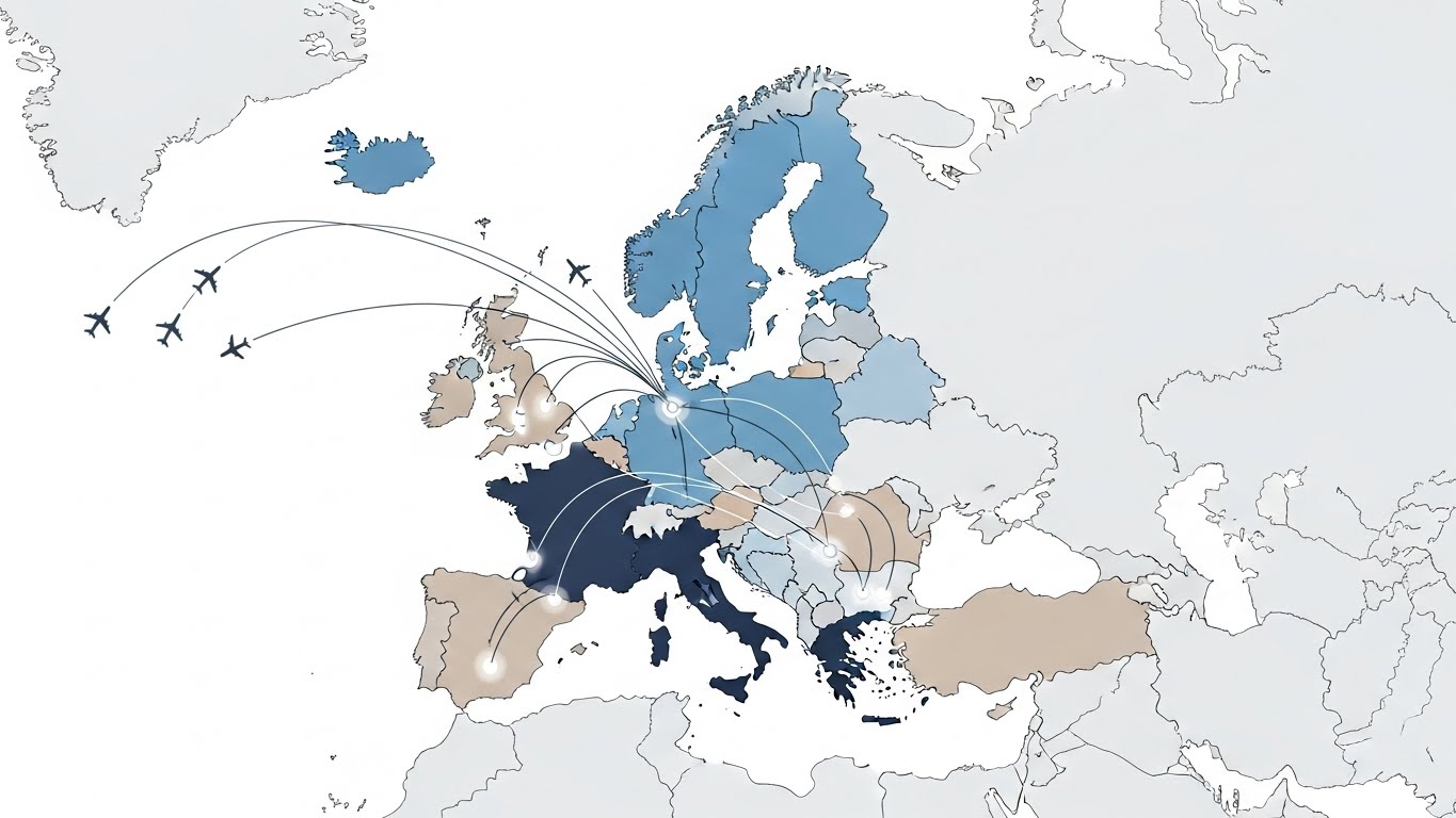 シェンゲン加盟国を色分けしたヨーロッパの地図