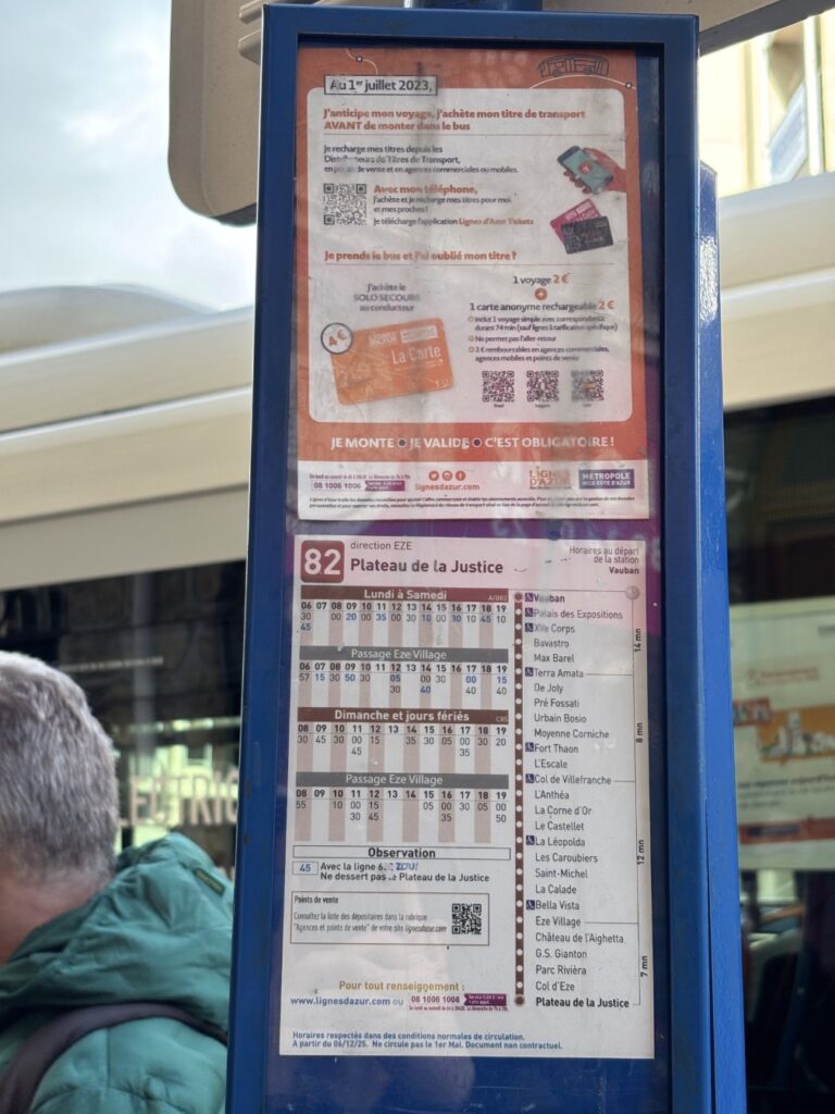 Bus timetable for bus number 82 from Bavastro bus stop in Nice to Eze village