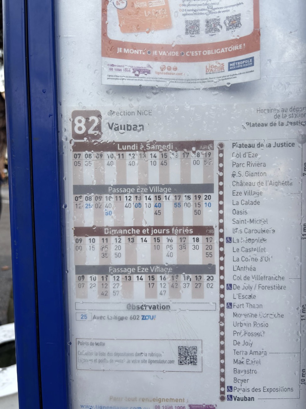 Bus timetable for bus number 82 from Eze to Nice